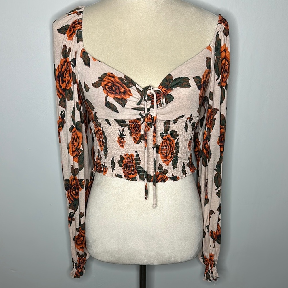 Urban Outfitters Cream Floral Tie Front Crop Blouse